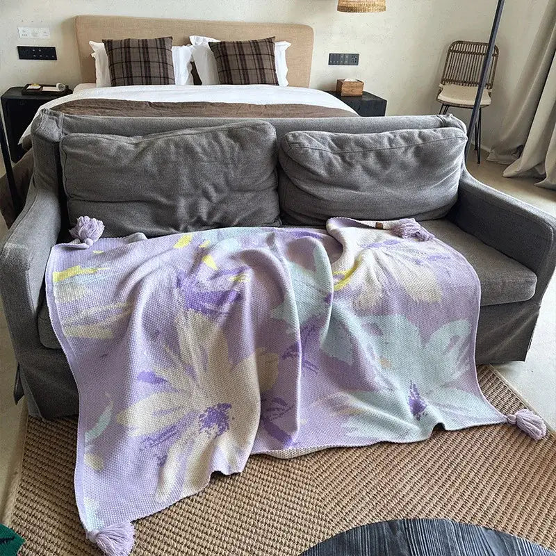Lavender floral cozy knit blanket living room throw with tassels
