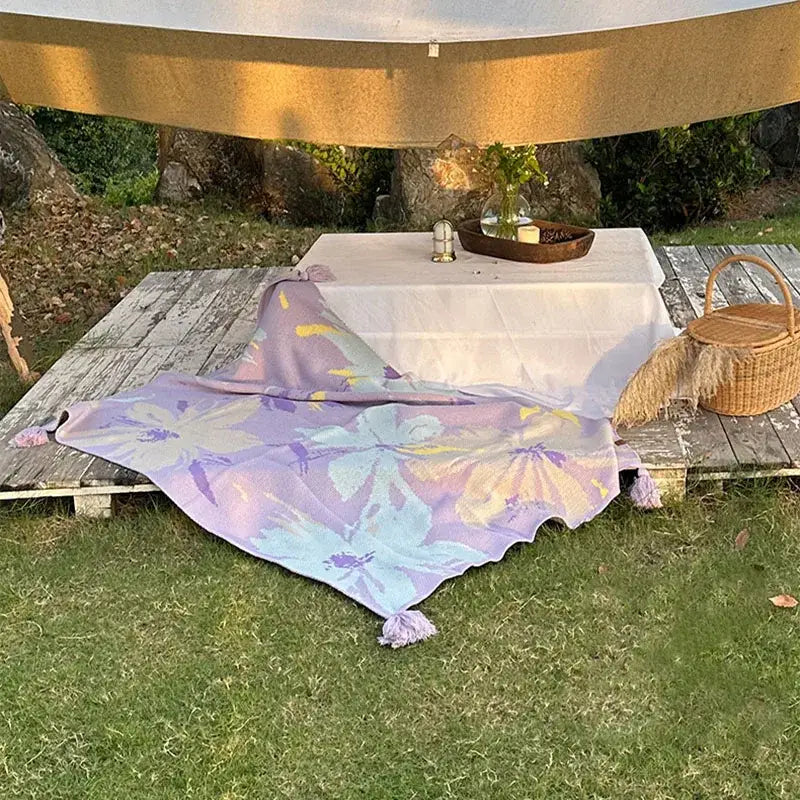 Lavender floral cozy knit blanket living room throw with tassels