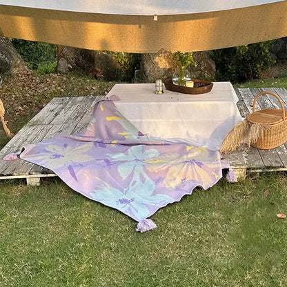 Lavender floral cozy knit blanket living room throw with tassels
