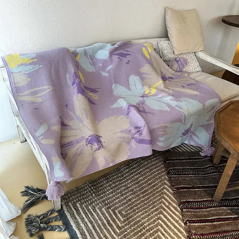 Lavender floral cozy knit blanket living room throw with tassels