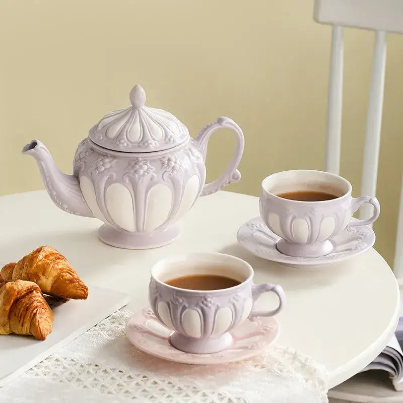 Lavender floral elegant porcelain tea set dining room teapot and cups