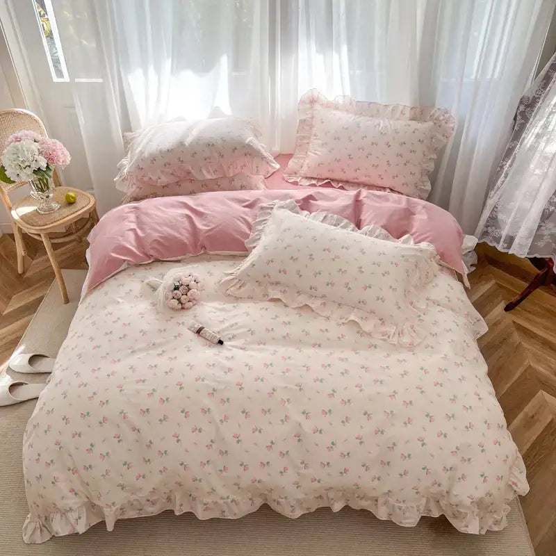 Lavender floral ruffled bedding set – bedroom gardenia print princess