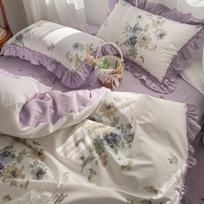 Lavender floral ruffled bedding set – bedroom gardenia print princess