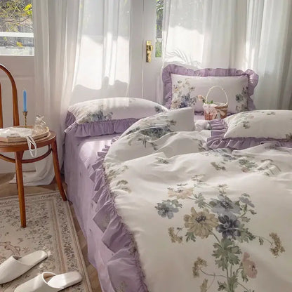 Lavender floral ruffled bedding set – bedroom gardenia print princess