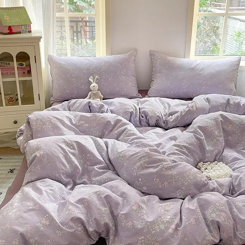 Lavender floral textured cotton bedding set bedroom quilt
