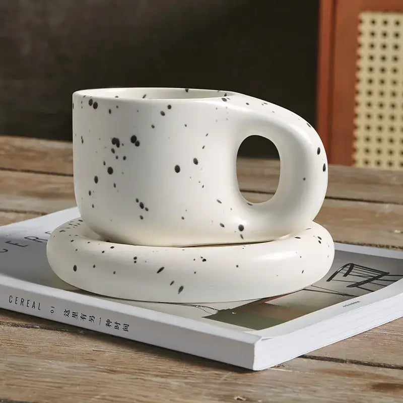 Lavender ink splash ceramic mug and oval plate kitchen set
