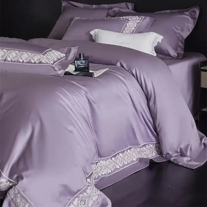 Lavender & silver lace embroidery bedding set bedroom luxe satin