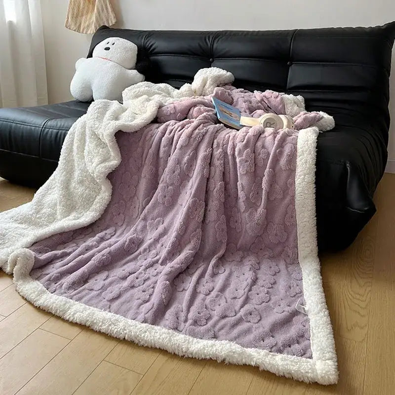 Lavender & white cozy lamb wool flower throw blanket bedroom bedding