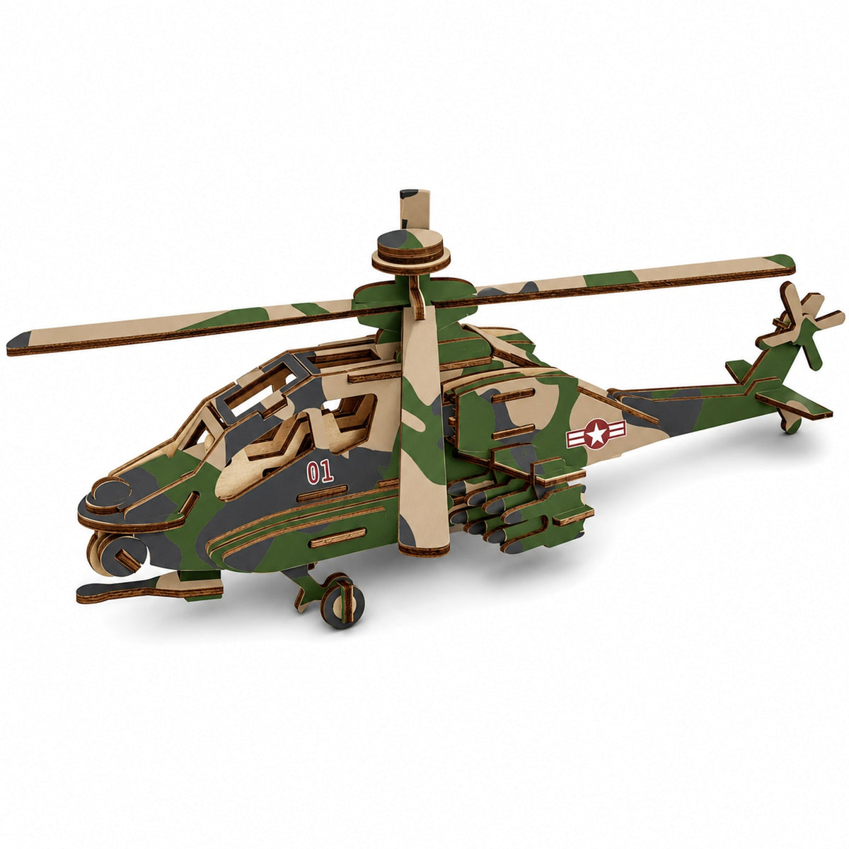 Apache Helicopter Model Kit - Wooden Laser-Cut 3D Puzzle (82 Pcs)