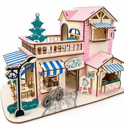 Coffee Shop Building Model Kit - Wooden Laser-Cut 3D Puzzle (161 Pcs)