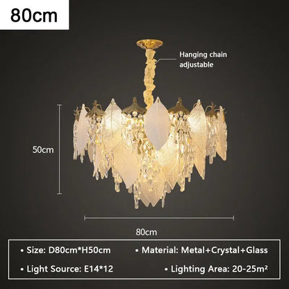 Leaf shaped gold and crystal glass chandelier dining room pendant light