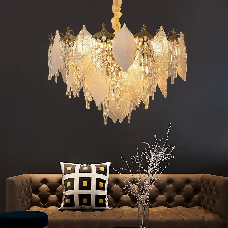 Leaf shaped gold and crystal glass chandelier dining room pendant light