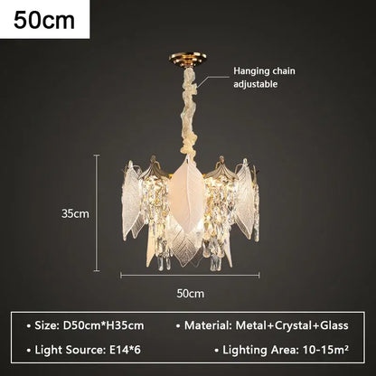 Leaf shaped gold and crystal glass chandelier dining room pendant light