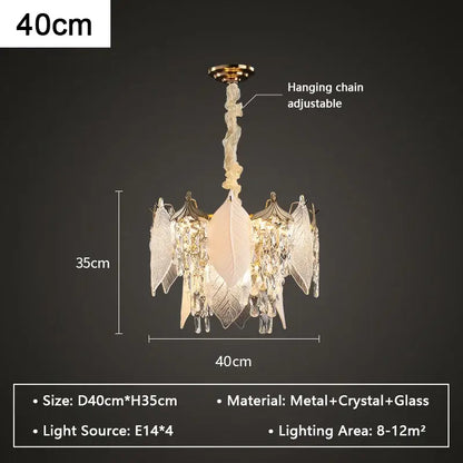 Leaf shaped gold and crystal glass chandelier dining room pendant light