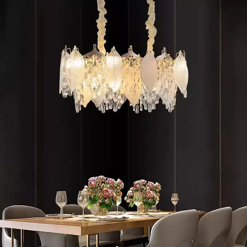 Leaf shaped gold and crystal glass chandelier dining room pendant light