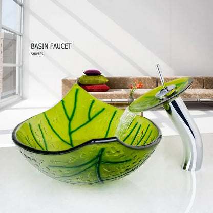 Leaf shaped green glass vessel sink set bathroom waterfall faucet