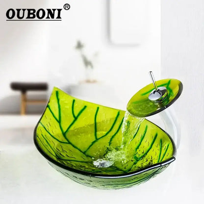 Leaf shaped green glass vessel sink set bathroom waterfall faucet