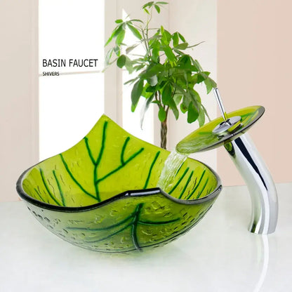 Leaf shaped green glass vessel sink set bathroom waterfall faucet