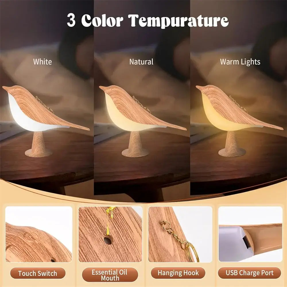 Art deco wooden bird lamp rechargeable bedroom nightlight
