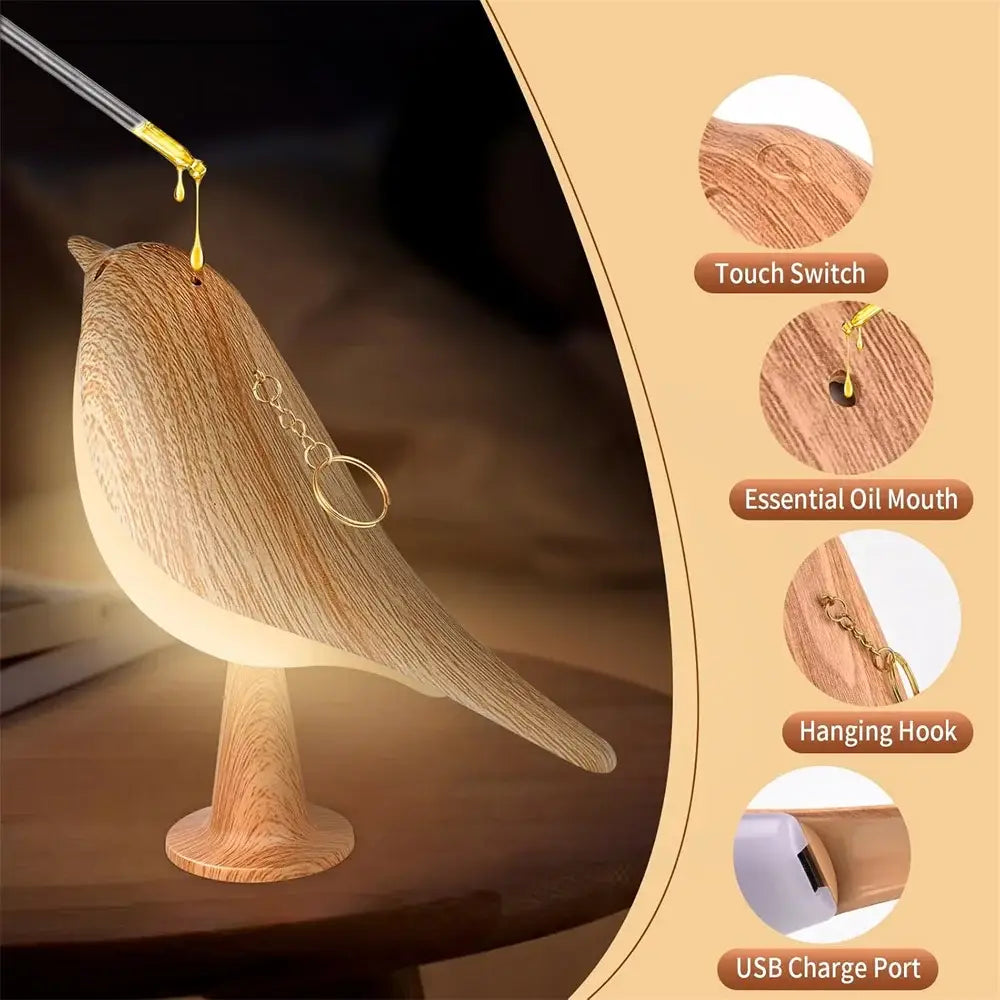 Art deco wooden bird lamp rechargeable bedroom nightlight