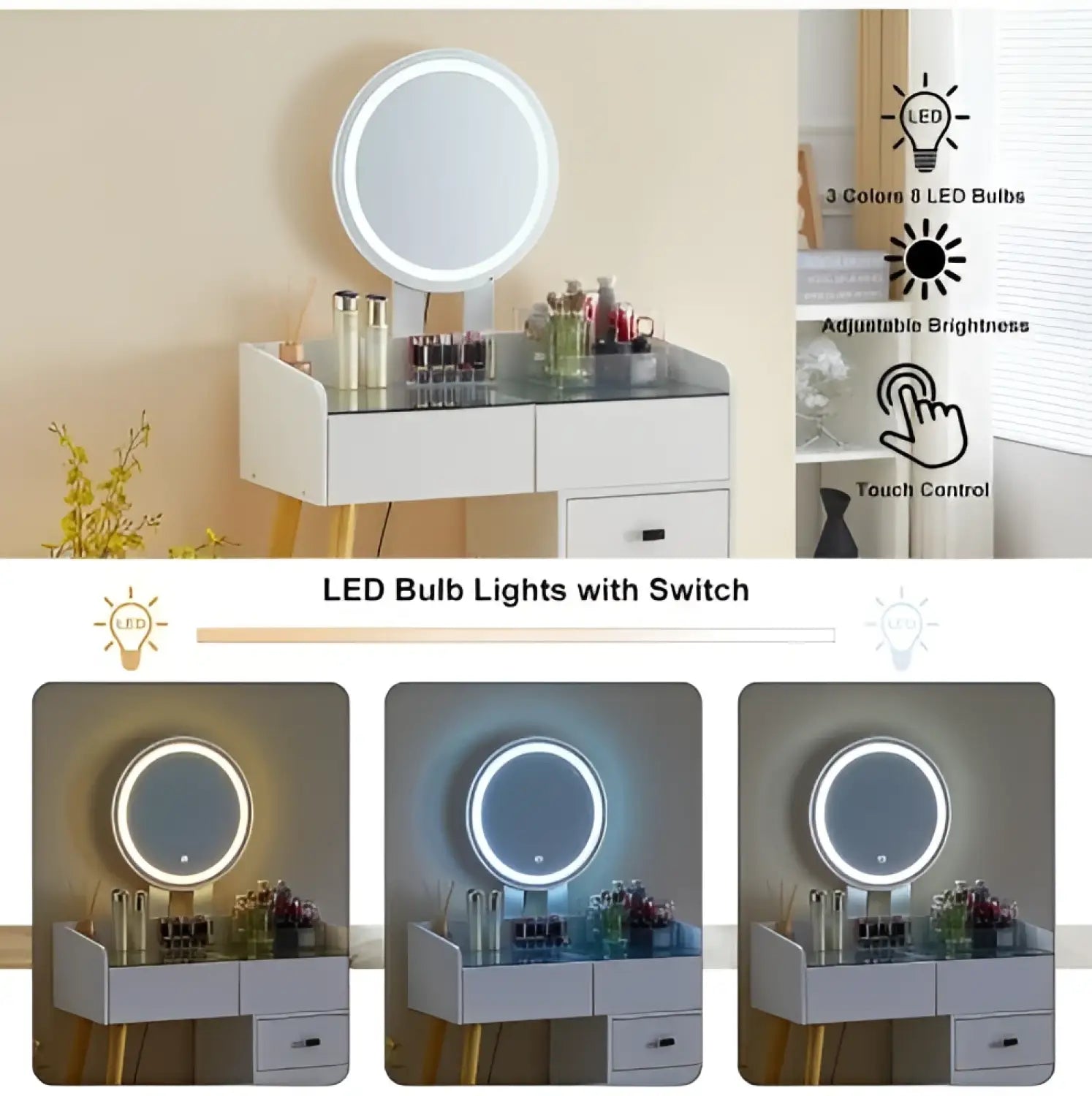LED Light on Mirror Dressing Table with 5 Drawers & Glass Top