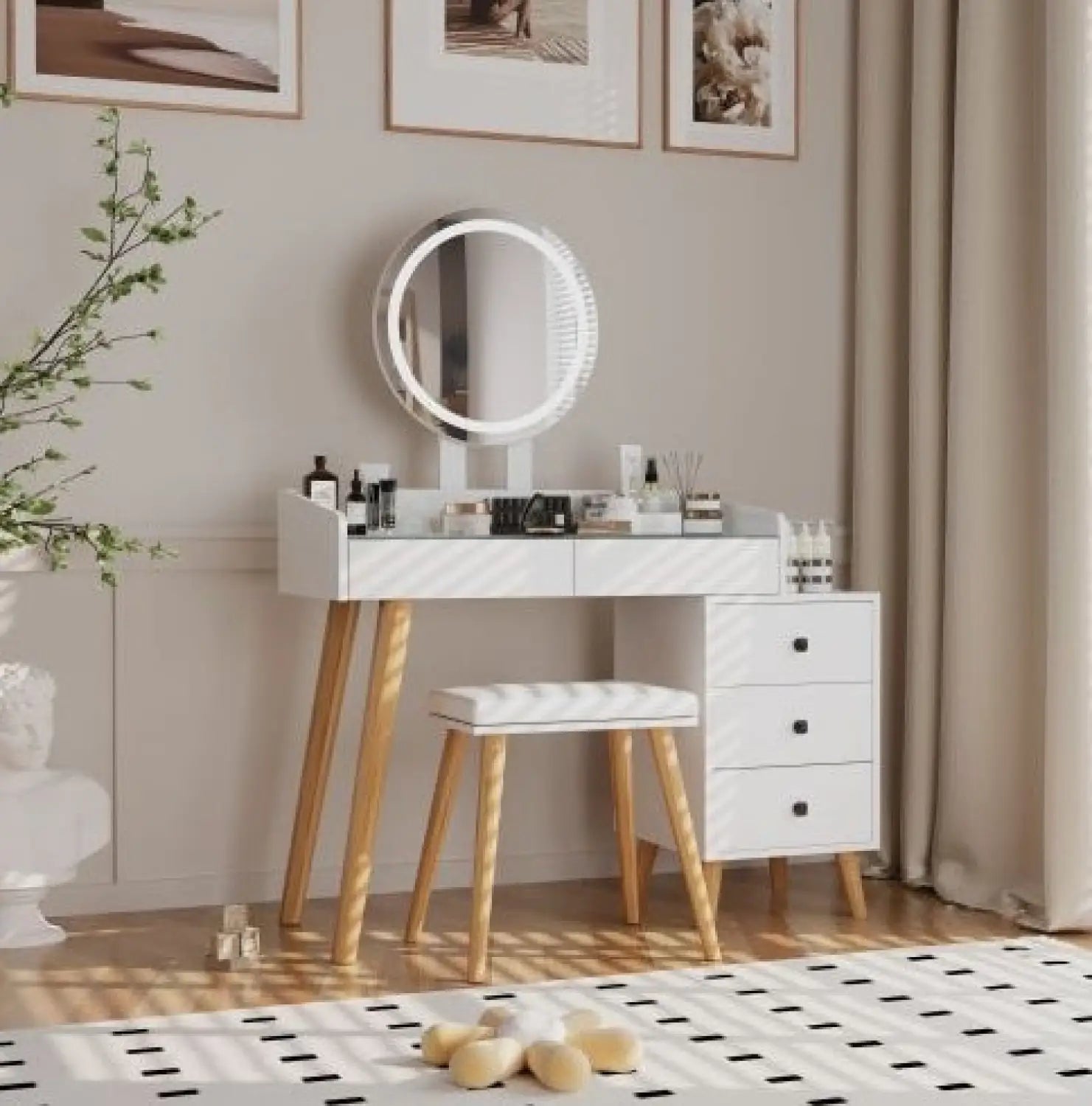 LED Light on Mirror Dressing Table with 5 Drawers & Glass Top