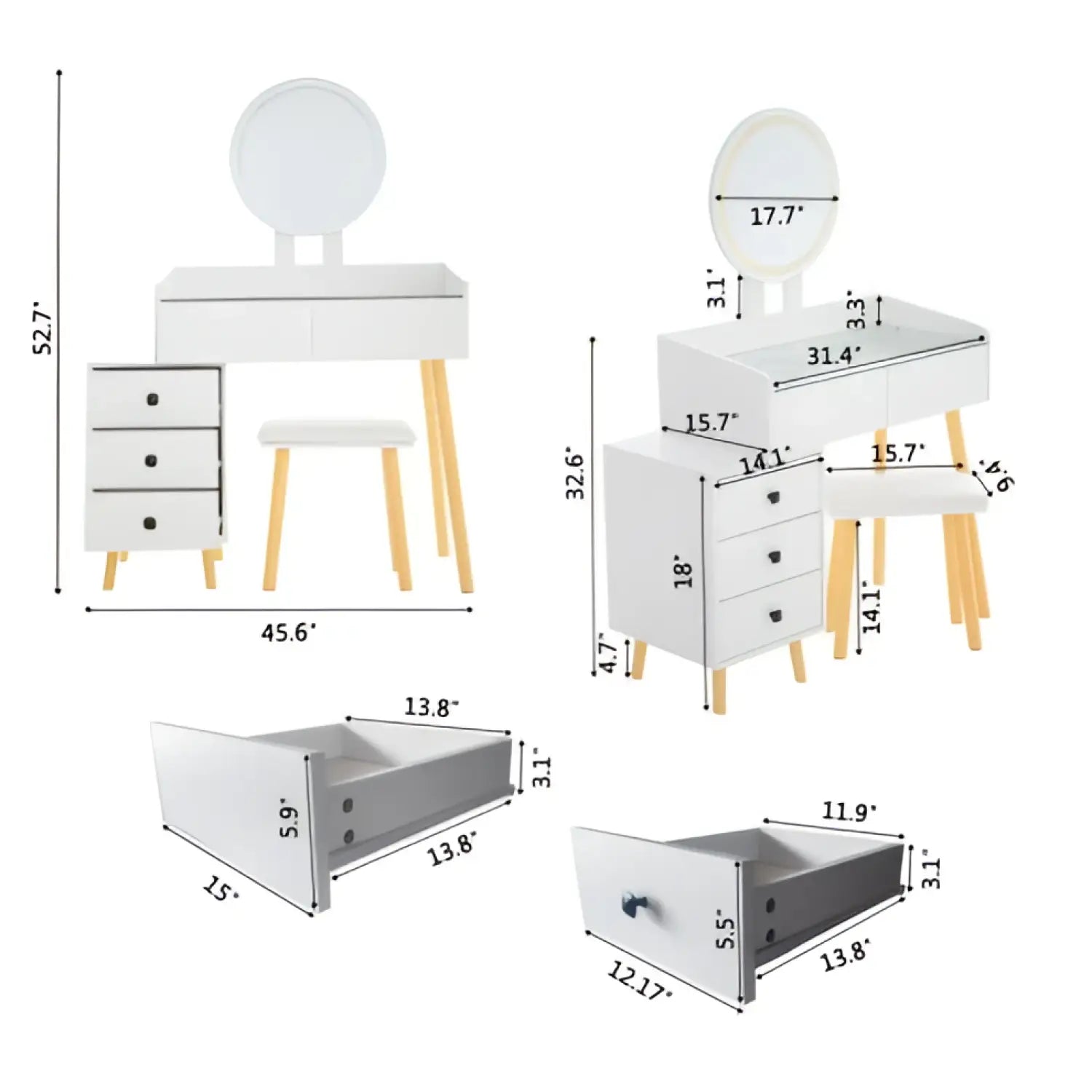 LED Light on Mirror Dressing Table with 5 Drawers & Glass Top