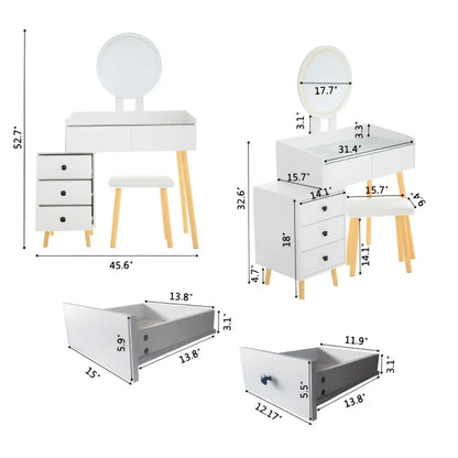 LED Light on Mirror Dressing Table with 5 Drawers & Glass Top