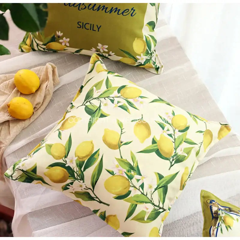 Lemon print chenille cushion cover living room waterproof cream decor