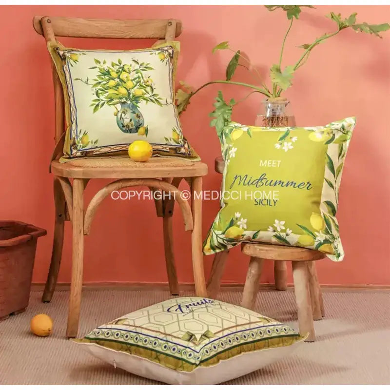 Lemon print chenille cushion cover living room waterproof cream decor