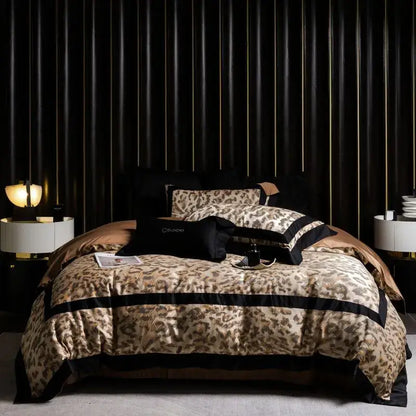 Leopard jacquard black & gold lyocell cotton bedding set bedroom