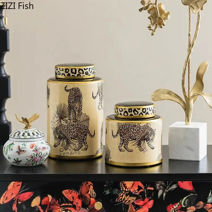 Leopard pattern cream ceramic storage jar bedroom jewelry canister