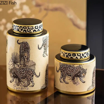 Leopard pattern cream ceramic storage jar bedroom jewelry canister