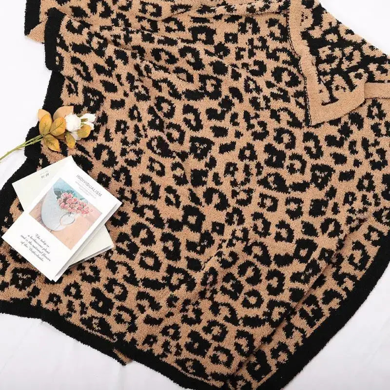 Leopard print knitted fleece blanket bedroom sofa throw