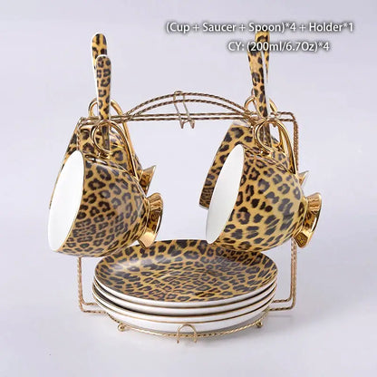 Leopard print porcelain coffee set with gold accents dining room decor