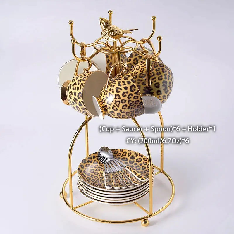 Leopard print porcelain coffee set with gold accents dining room decor