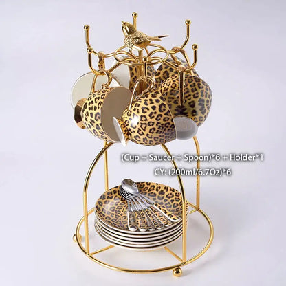 Leopard print porcelain coffee set with gold accents dining room decor