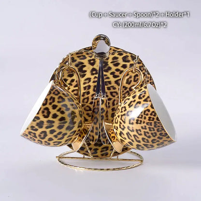 Leopard print porcelain coffee set with gold accents dining room decor