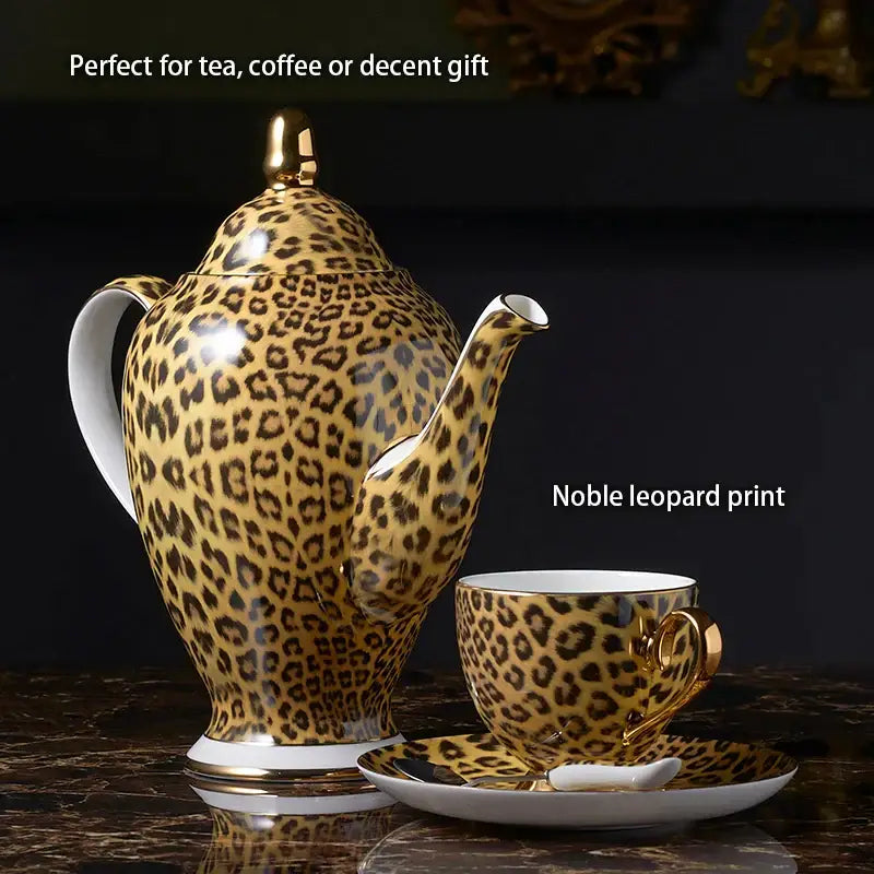 Leopard print porcelain coffee set with gold accents dining room decor
