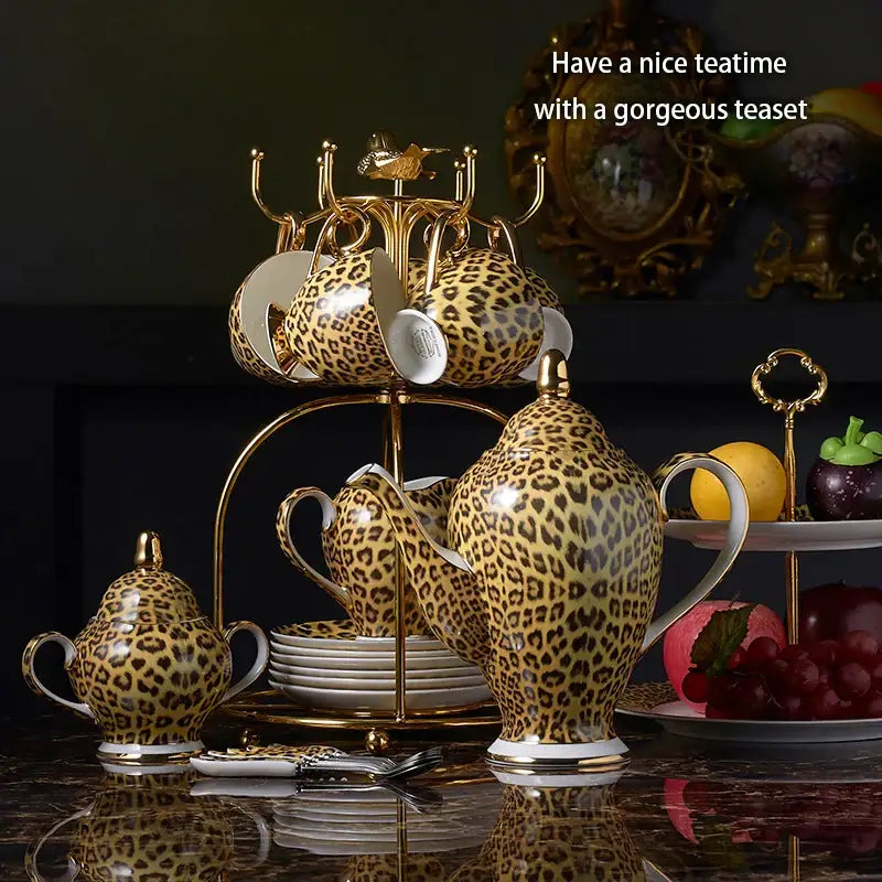 Leopard print porcelain coffee set with gold accents dining room decor