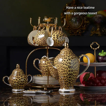 Leopard print porcelain coffee set with gold accents dining room decor