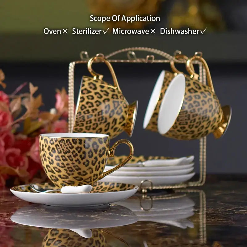 Leopard print porcelain coffee set with gold accents dining room decor