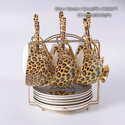 Leopard print porcelain coffee set with gold accents dining room decor