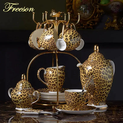 Leopard print porcelain coffee set with gold accents dining room decor