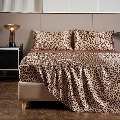 Leopard print satin bedsheet set – beige & brown bedroom bedding