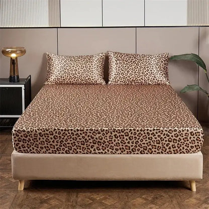 Leopard print satin bedsheet set – beige & brown bedroom bedding