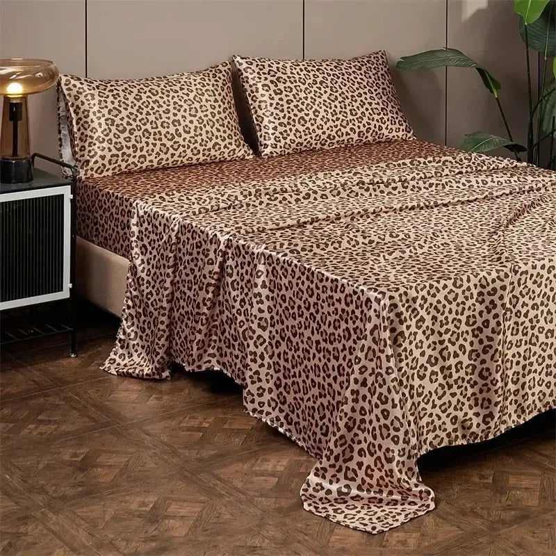 Leopard print satin bedsheet set – beige & brown bedroom bedding