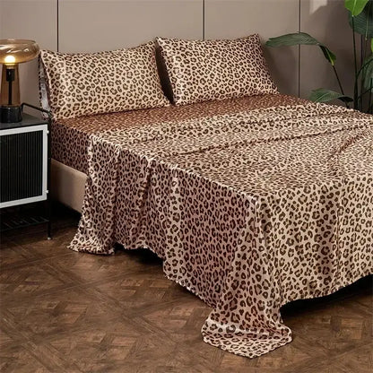 Leopard print satin bedsheet set – beige & brown bedroom bedding