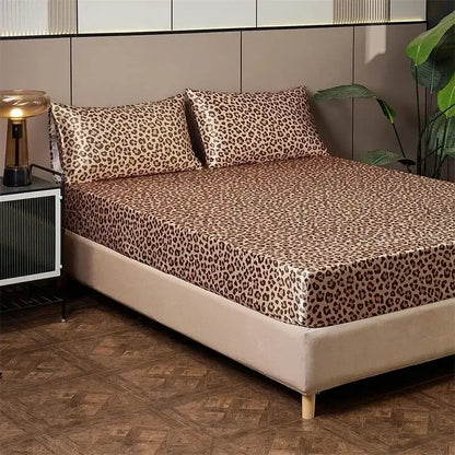 Leopard print satin bedsheet set – beige & brown bedroom bedding