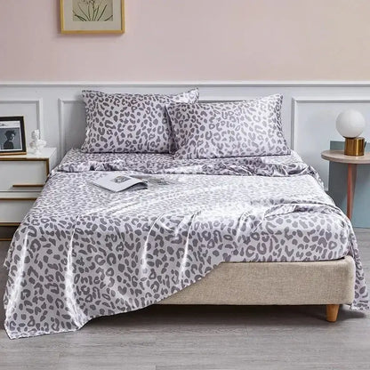 Leopard print satin bedsheet set – beige & brown bedroom bedding